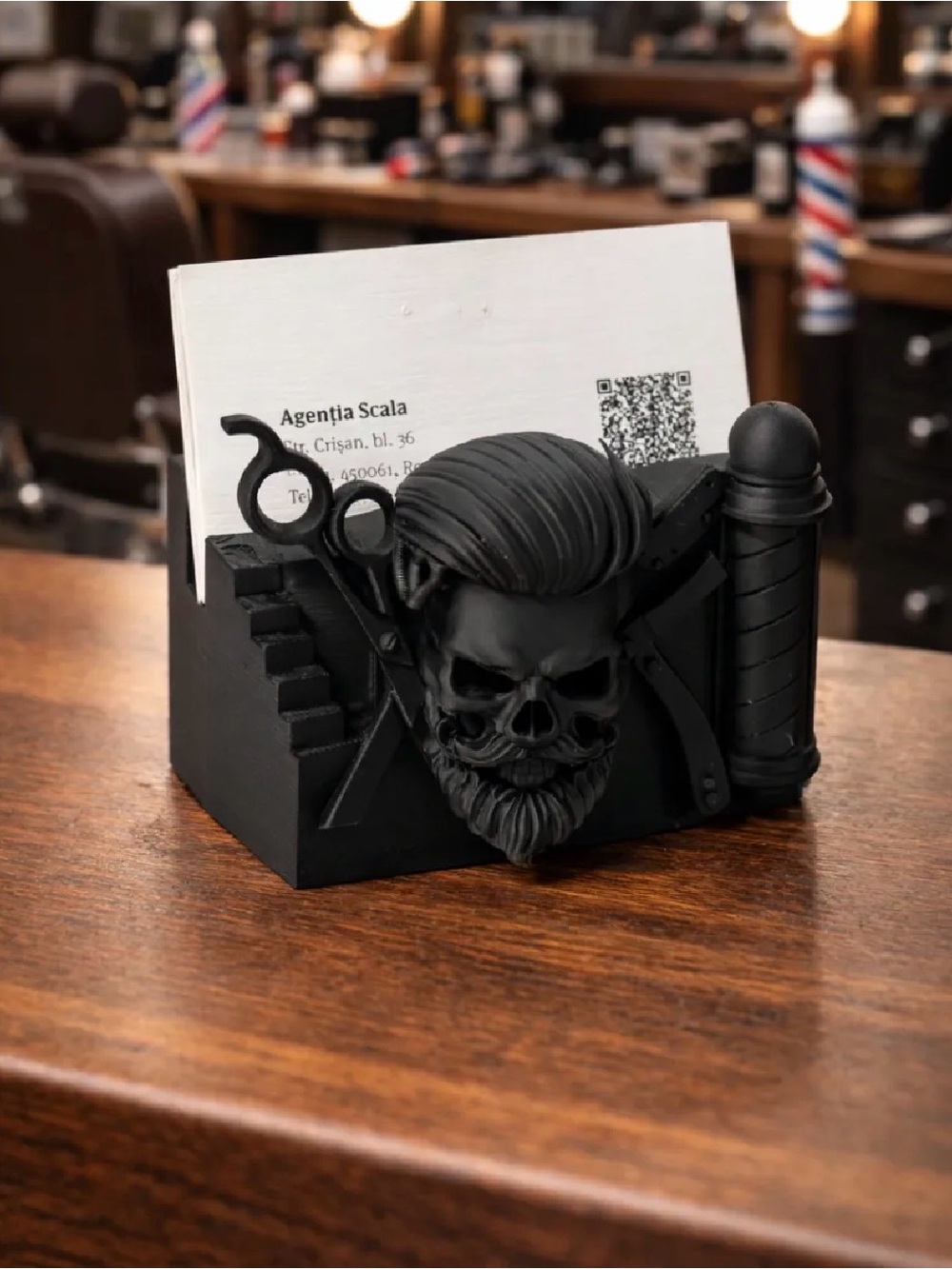 Matte Black Skull Barber Card Holder - Men Grooming Accessory